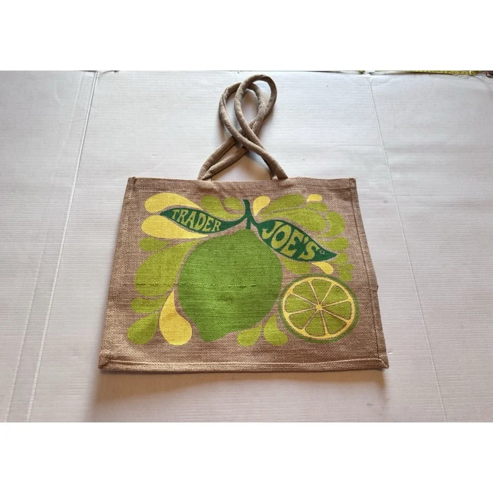 Trader Joe's Lemon Lime Tote Reusable Jute Burlap Beach Bag RARE